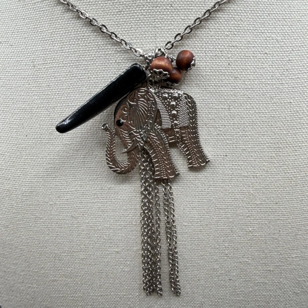 Elephant Statement Necklace Silver Tone Black Tusk Wood Beads Boho Tassel Gift